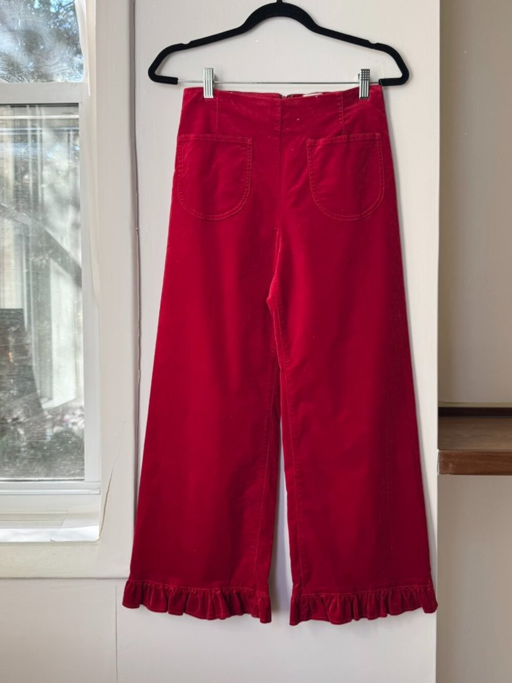 New Anthropologie The Colette Velvet Ruffle Hem Pants Red 26